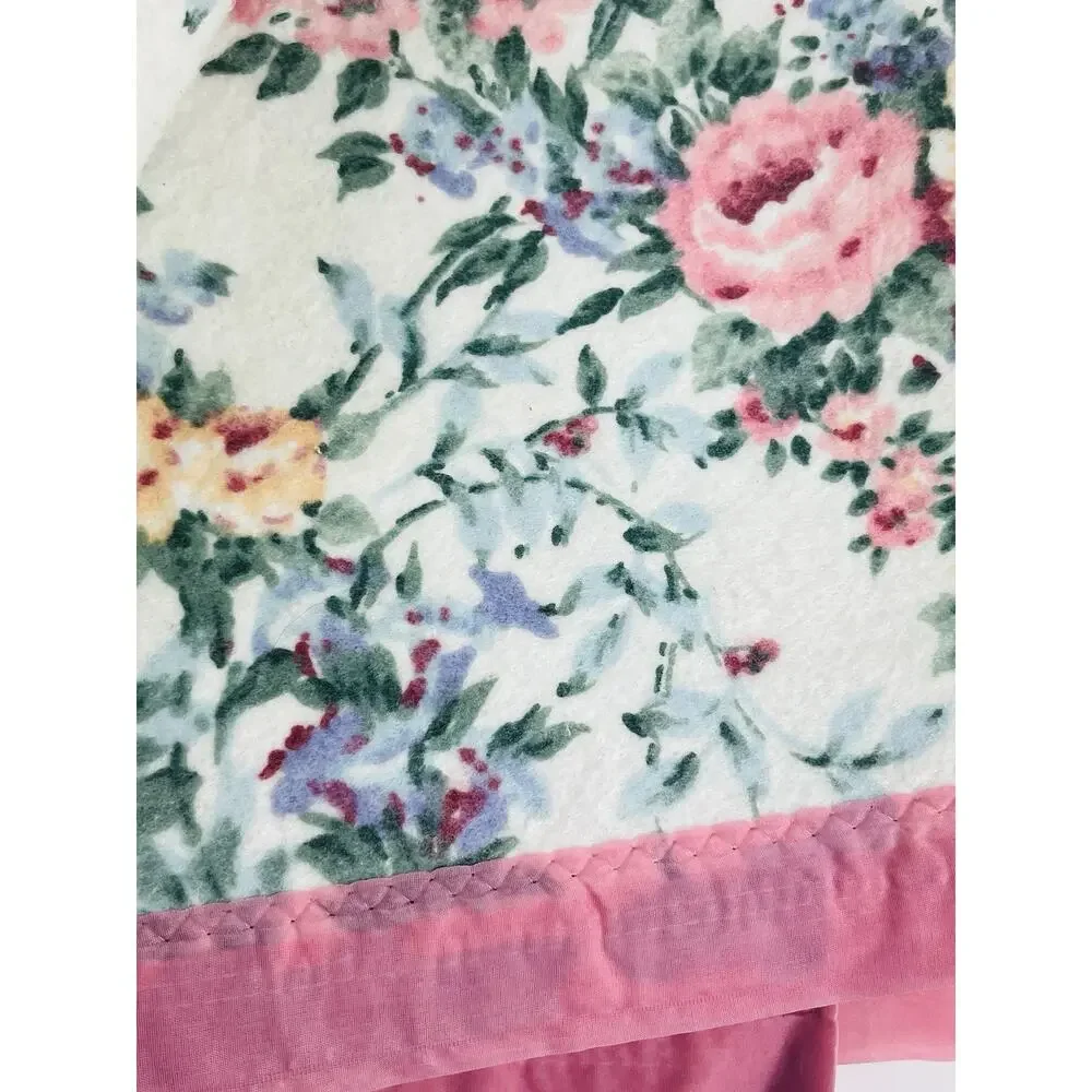Vintage Blanket WPL1675 Floral Flowers Pink Twin Acrylic Nylon Edge Fleece USA